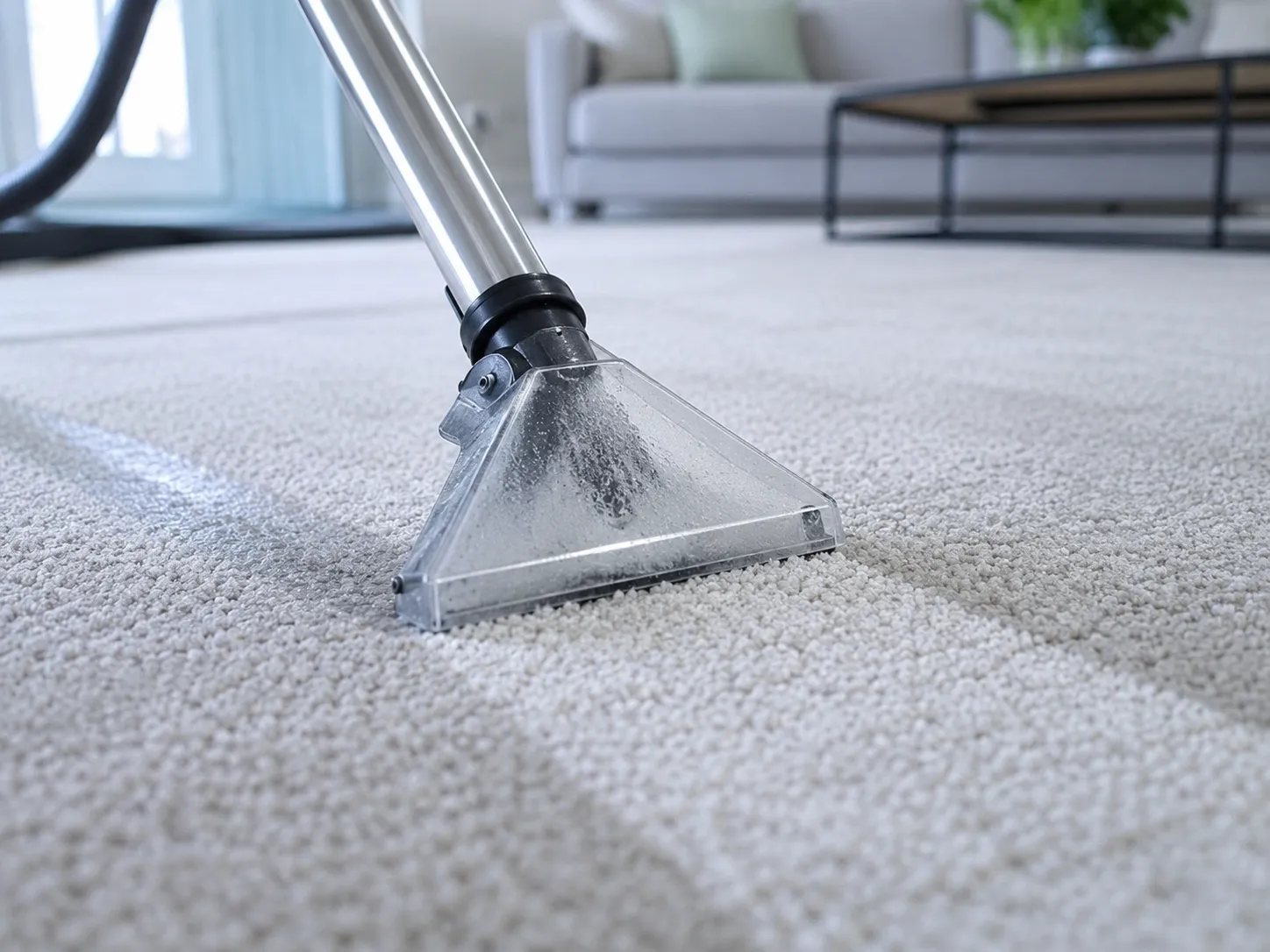 Hot-water extraction wand cleaning a pale living-room carpet, leaving a freshly cleaned stripe