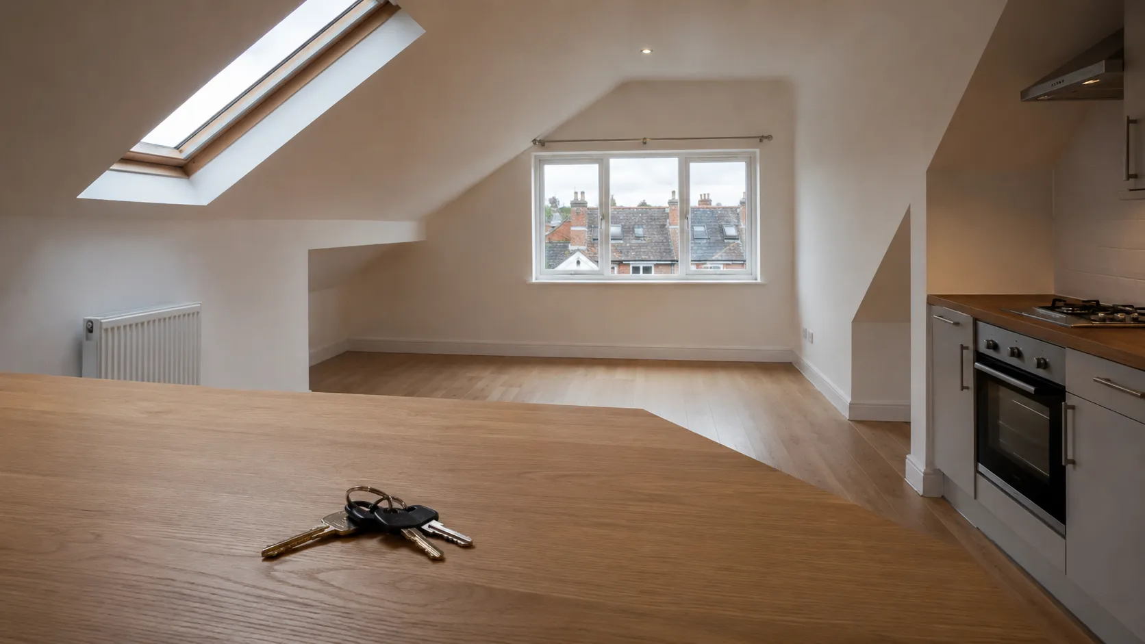 Empty loft-conversion flat with keys on the worktop, ready for an end-of-tenancy clean