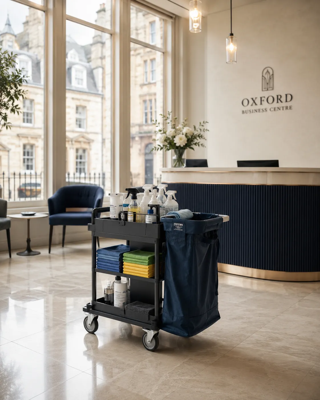 Cleaning trolley with colour-coded cloths in the daylit reception of the Oxford Business Centre