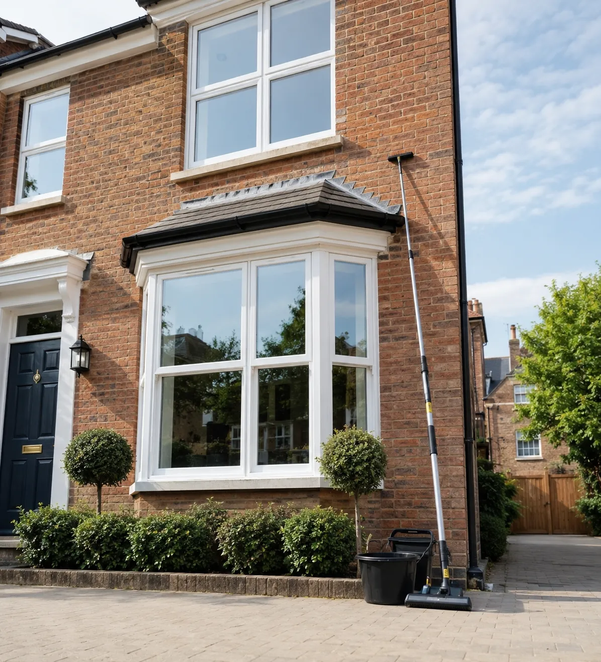 Reach-and-wash pole and bucket beside the bay window of a red-brick Oxford townhouse